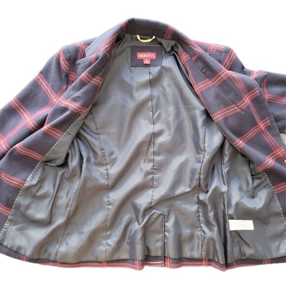 Plaid Blazer Jacket Wool Blend Navy & Red Dark Academia Hogwarts - Picture 10 of 10